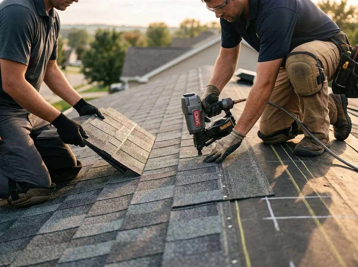 Professional roofer working on a residential roof in Kentwood